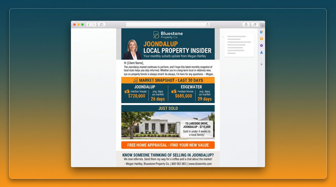 Example monthly property newsletter shown in an email window — Joondalup Local Property Insider